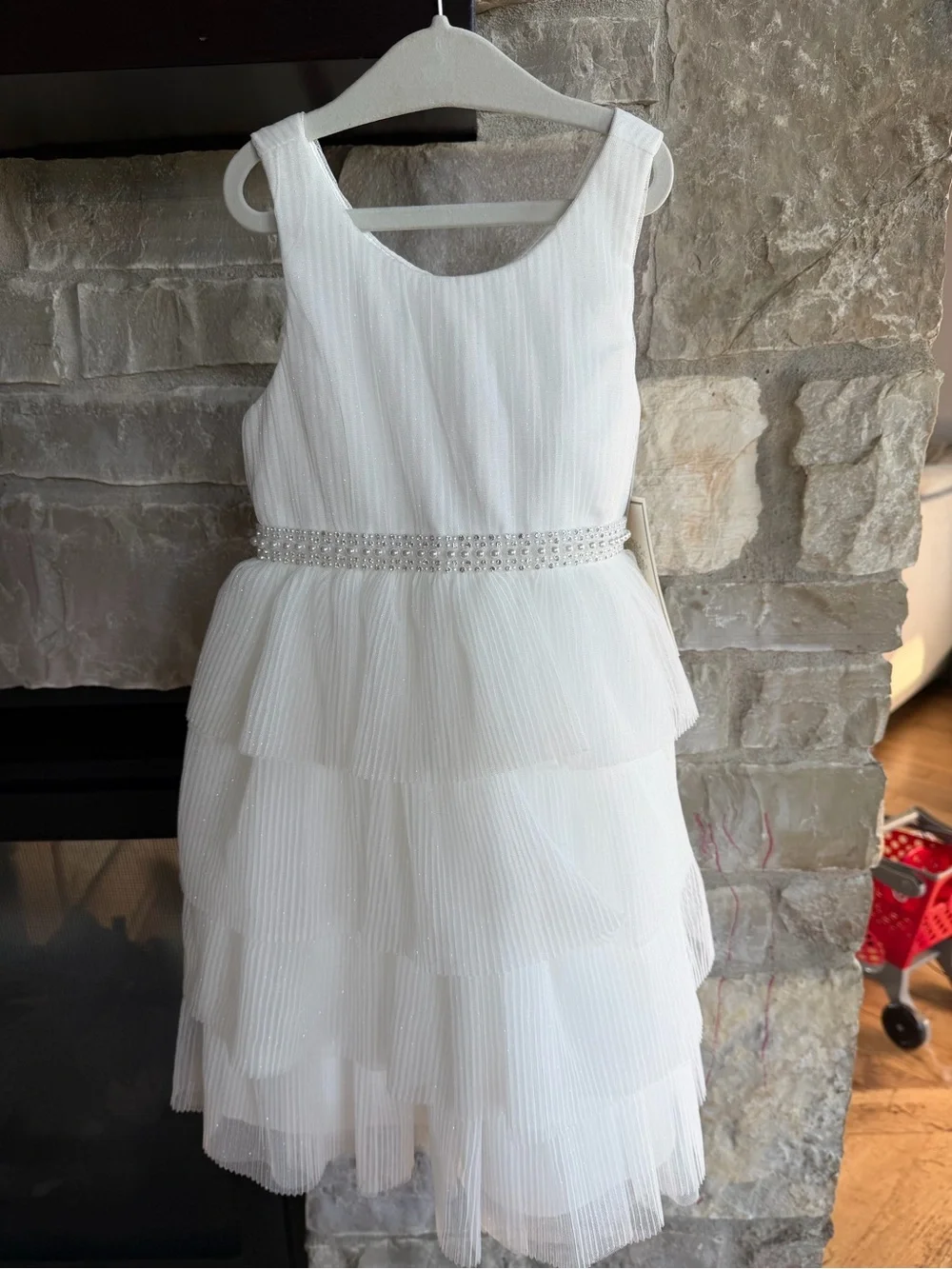 White Tiered Mesh Girls' Dress with Sparkle Beaded Waist